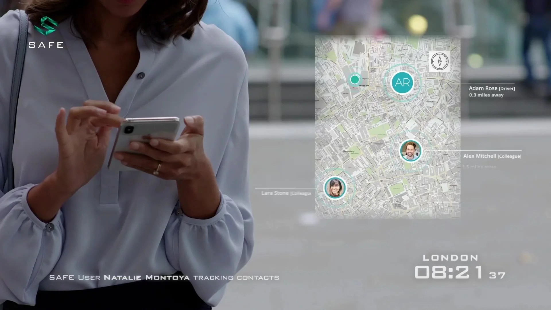 The traveller checking the app, with its map overlaid
