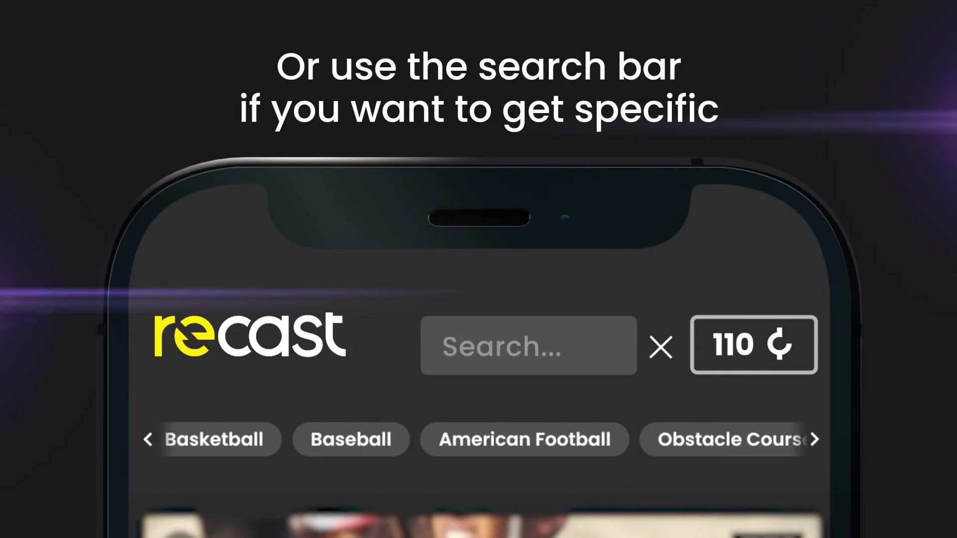 Searching for a sport in the Recast app