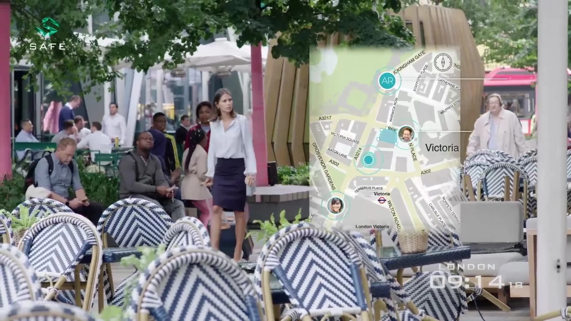 A live map overlaid on a busy London street