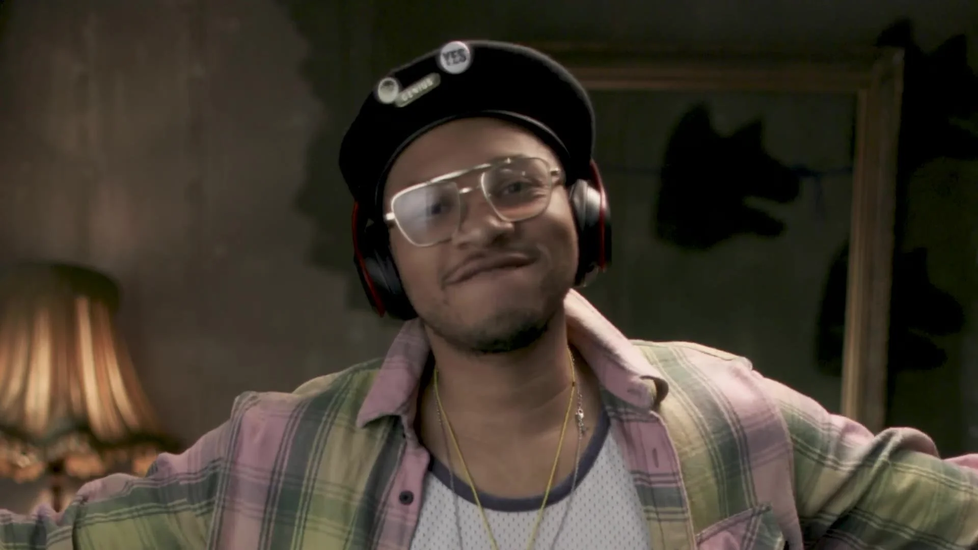 Character in headphones and glasses