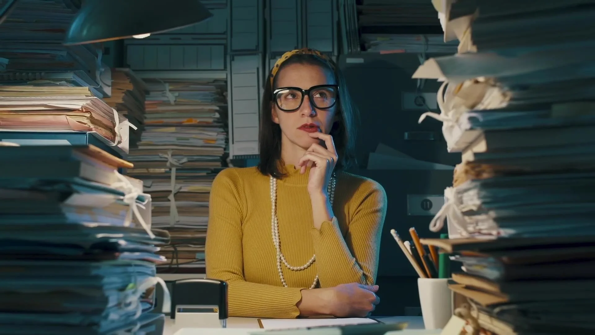 Woman surrounded by towers of paperwork, from a Railsbank advert