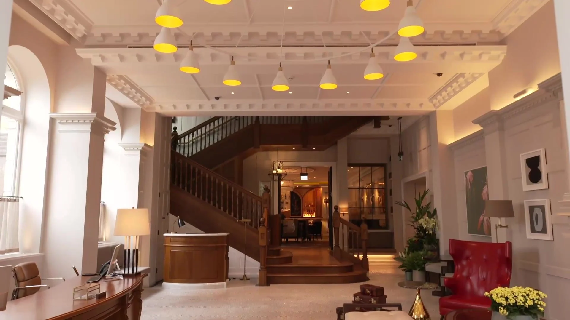 The hotel lobby and staircase