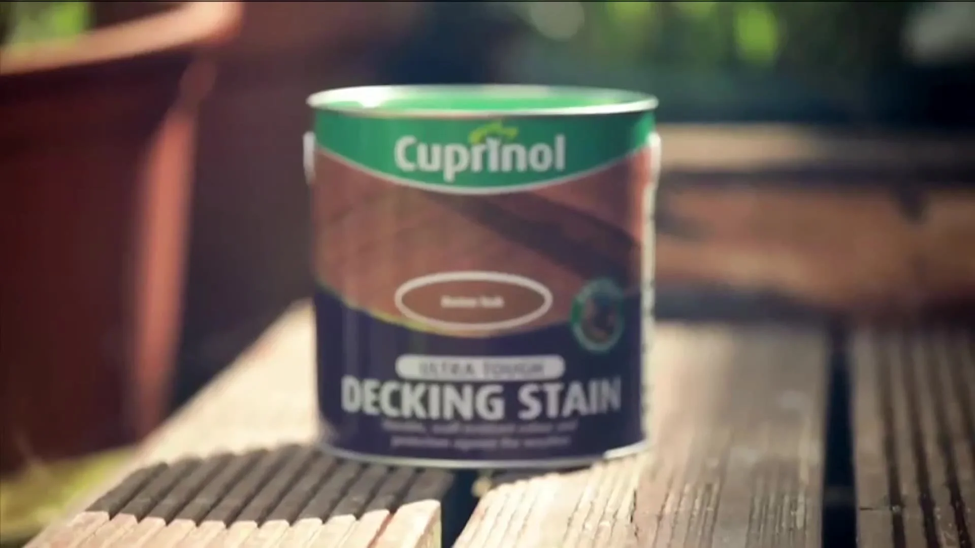 A tin of Cuprinol decking stain