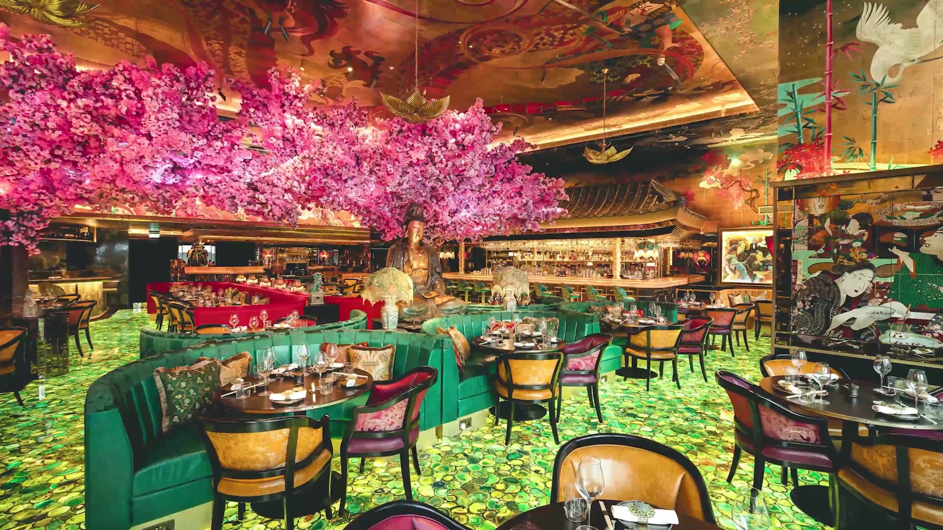 Restaurant interior with a blossom-tree installation made by Unibox, from the Unibox brand film