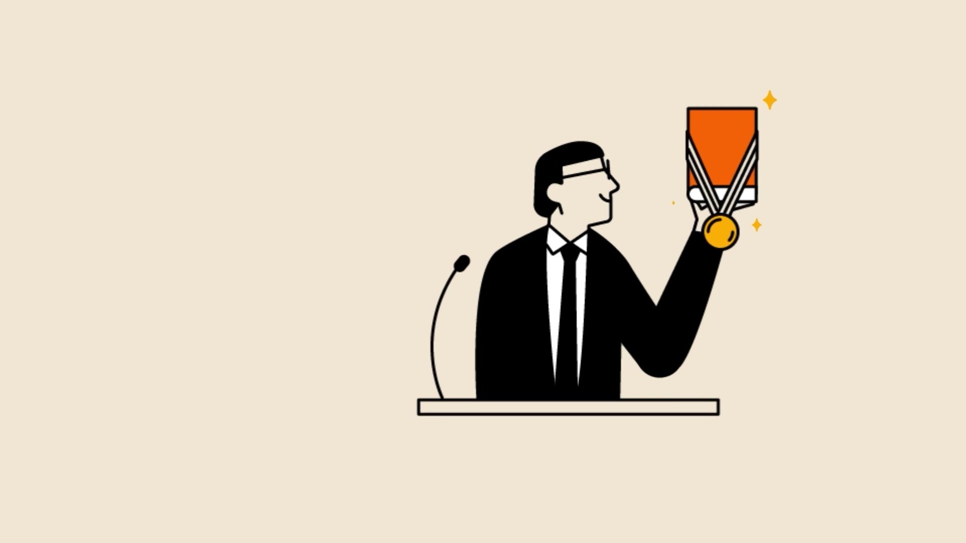 Animated writer on stage holding up an award