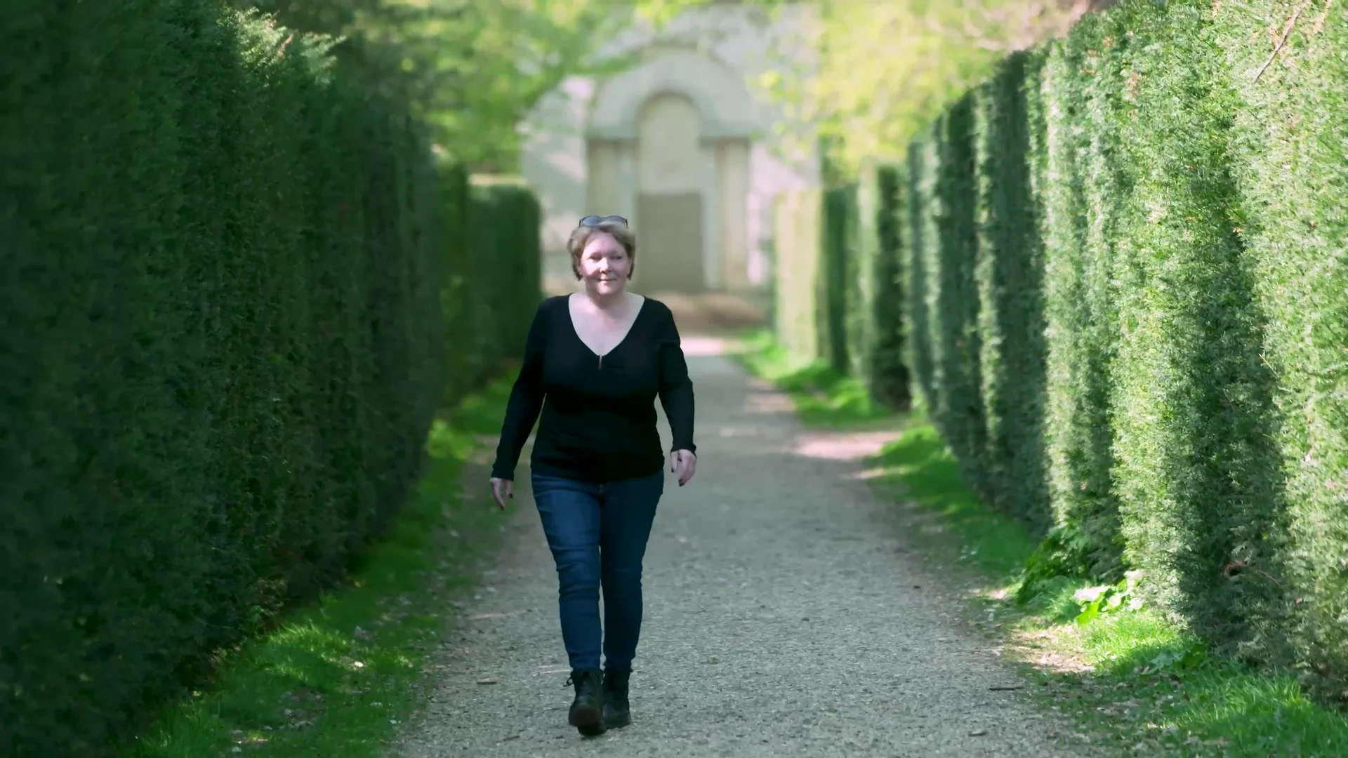 Jennifer arriving through the gardens at Chiswick House