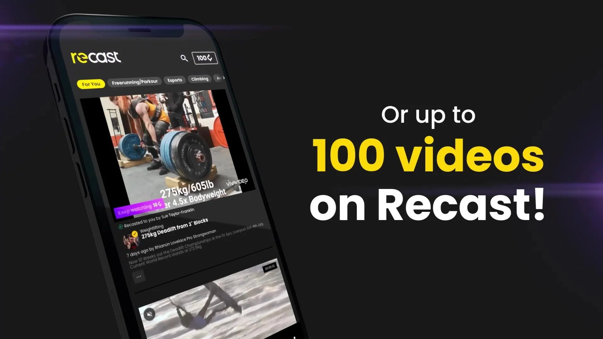 Recast app screen promoting up to 100 videos