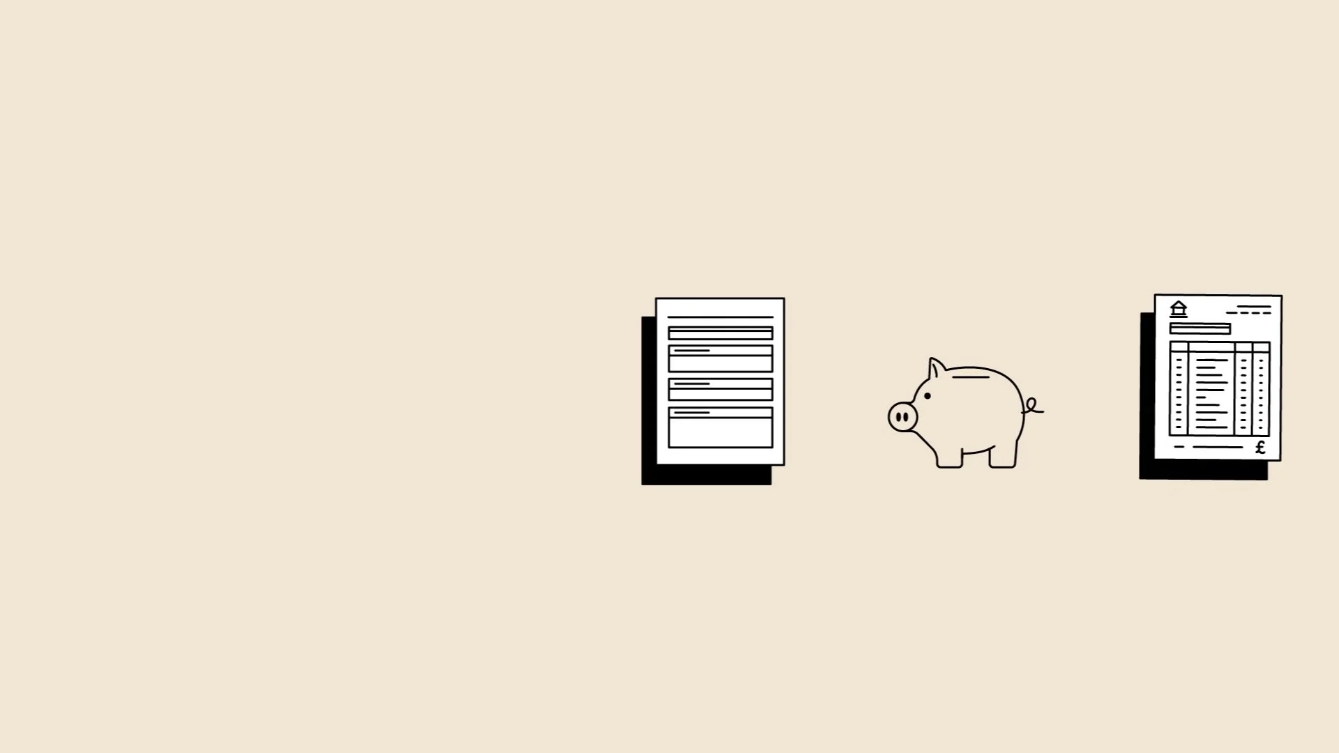 Animated documents and piggy bank representing income and expenditure
