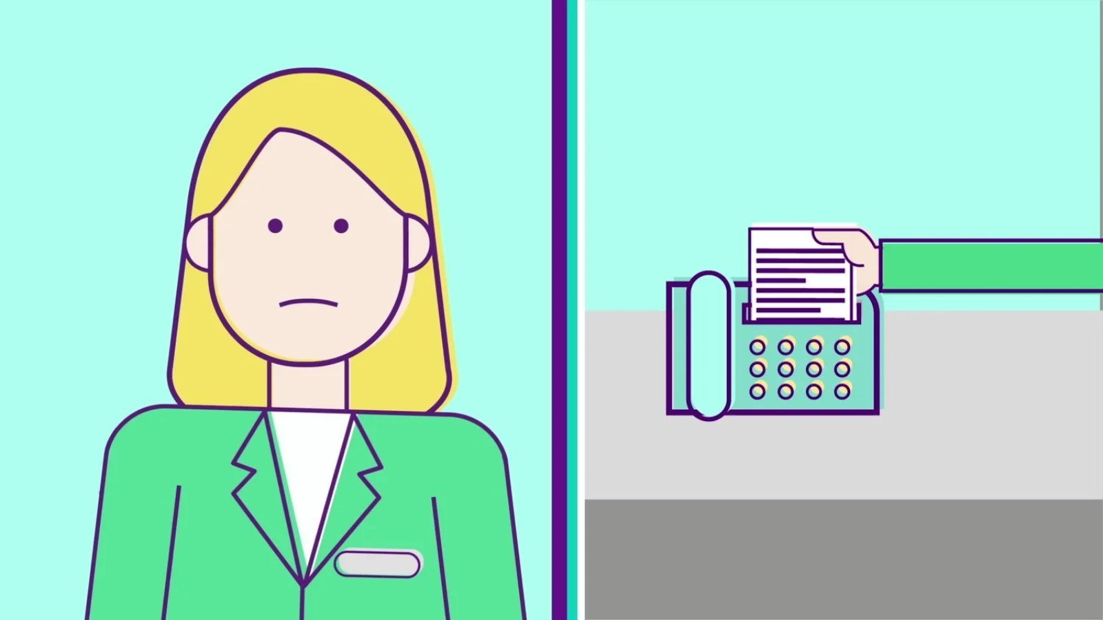 A caregiver with a fax machine, from the Parachute Health animated explainer