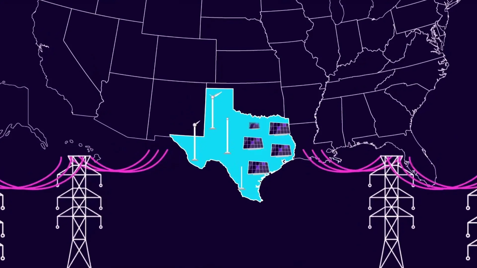 Animated map of the United States with Texas highlighted and power pylons, from the Octopus Energy US explainer