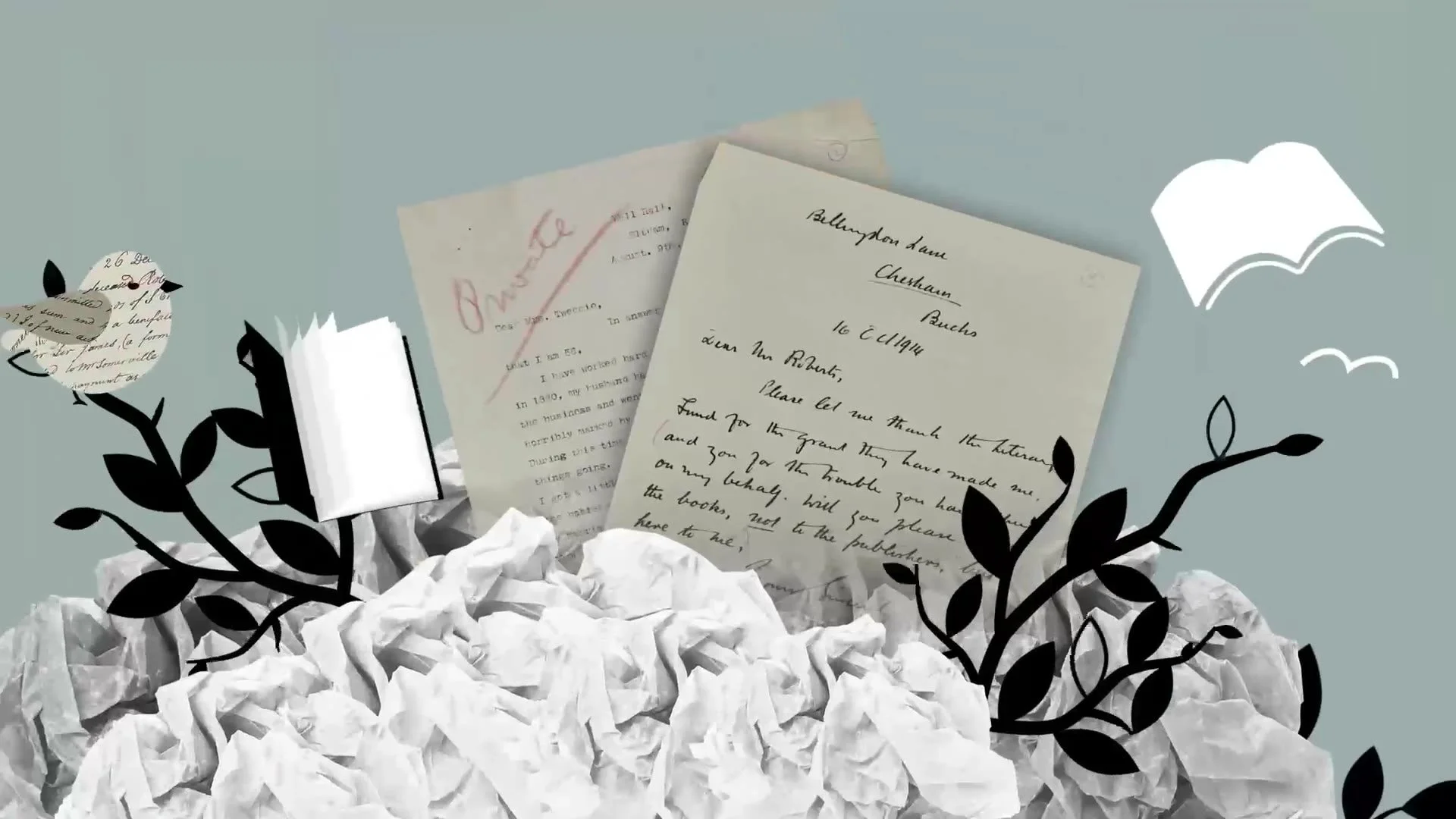 Letters and crumpled manuscripts from the animation