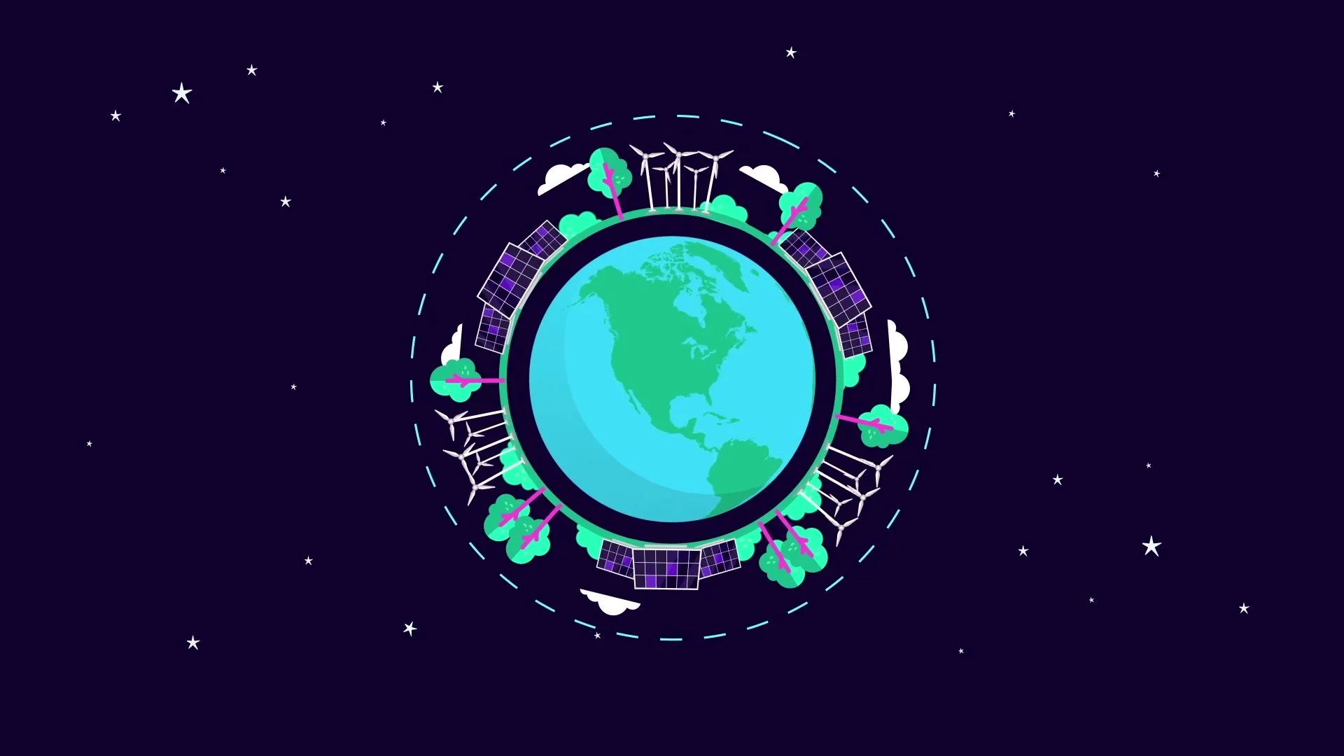 Animated globe ringed with wind turbines and solar panels, representing renewable energy