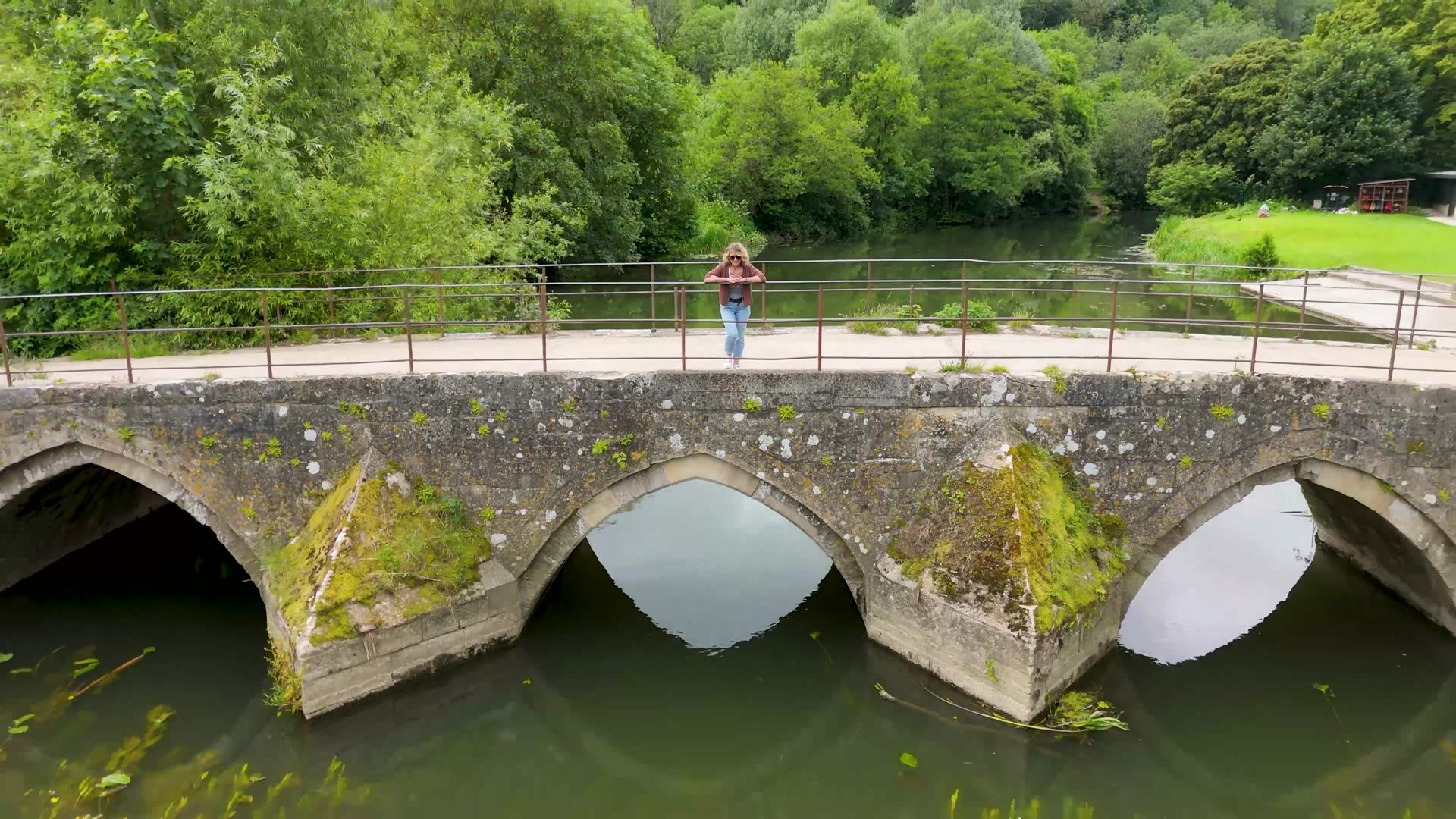 Aerial view of a medieval stone bridge in Bradford on Avon