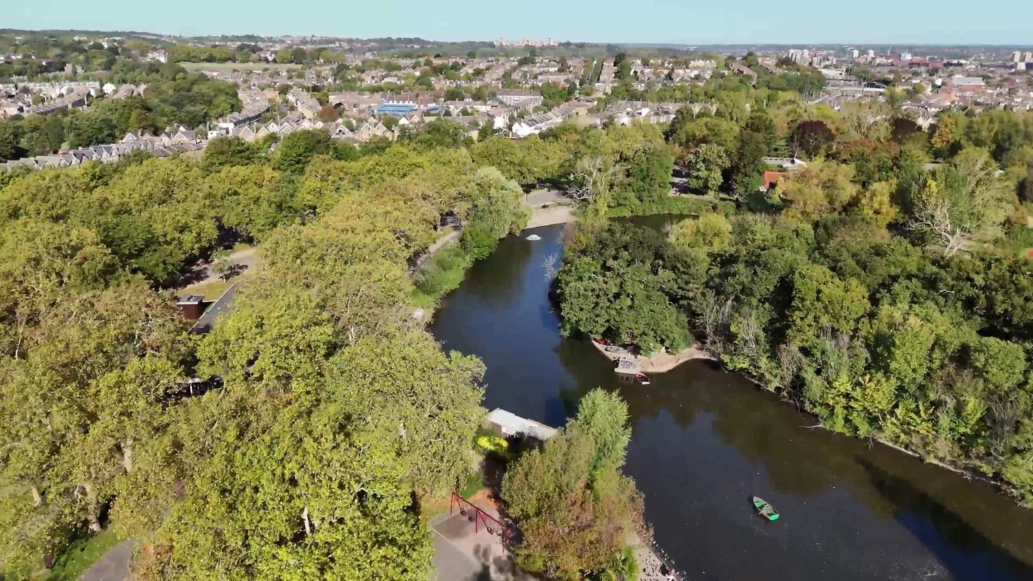 Roy Castle Lung Cancer Foundation documentary: aerial view of a park and lake