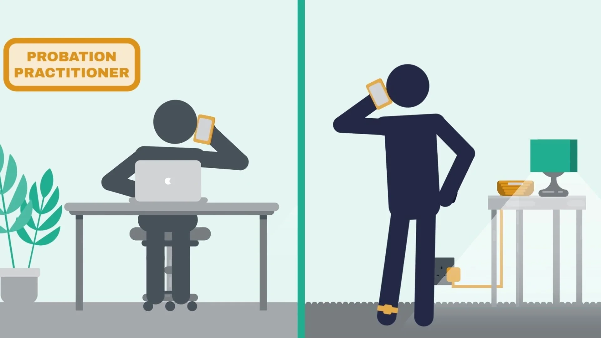 Animated split screen of a probation practitioner on the phone to a tag wearer at home