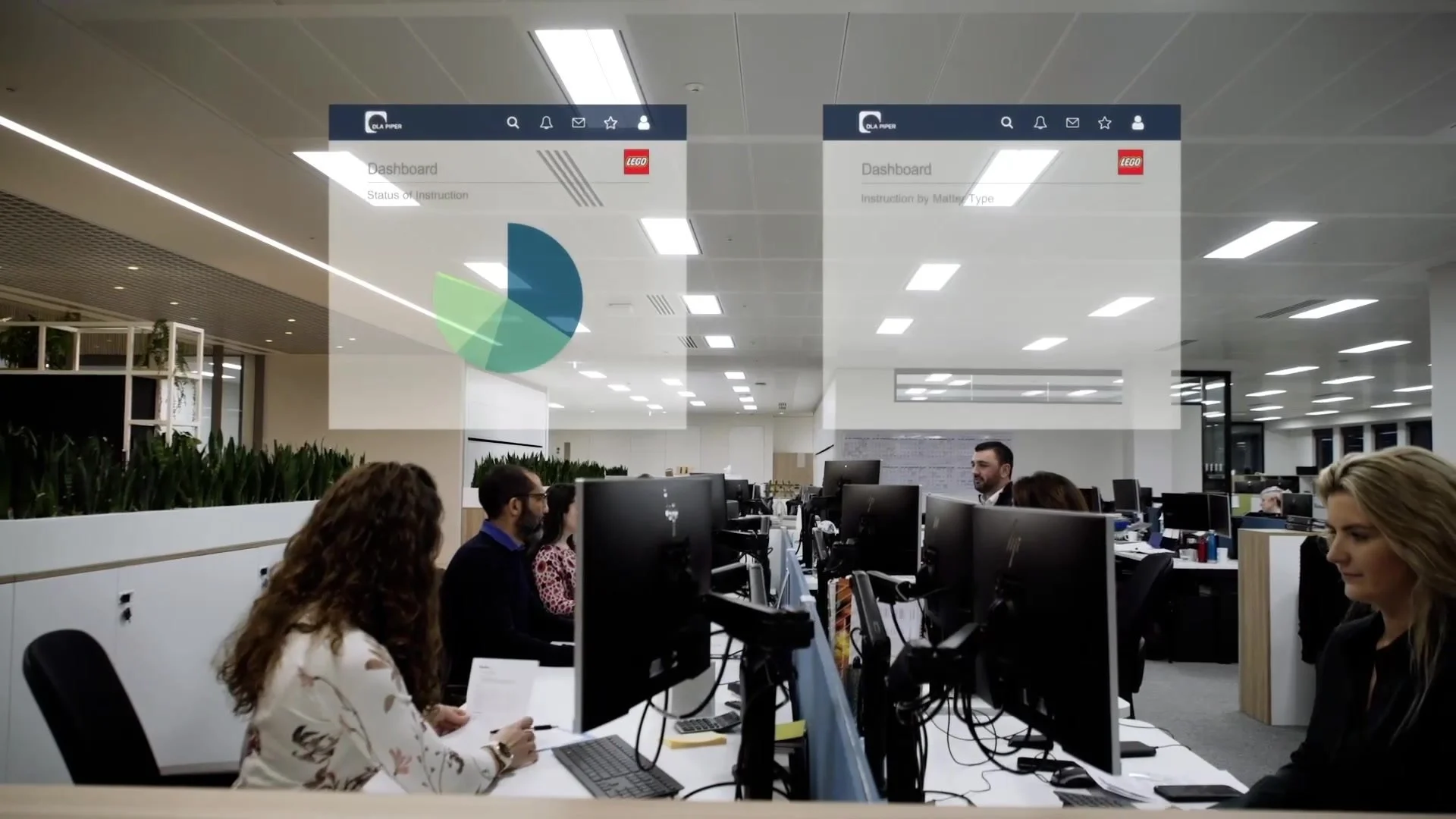 Animated legal portal dashboards over office footage in the LEGO Group case study video