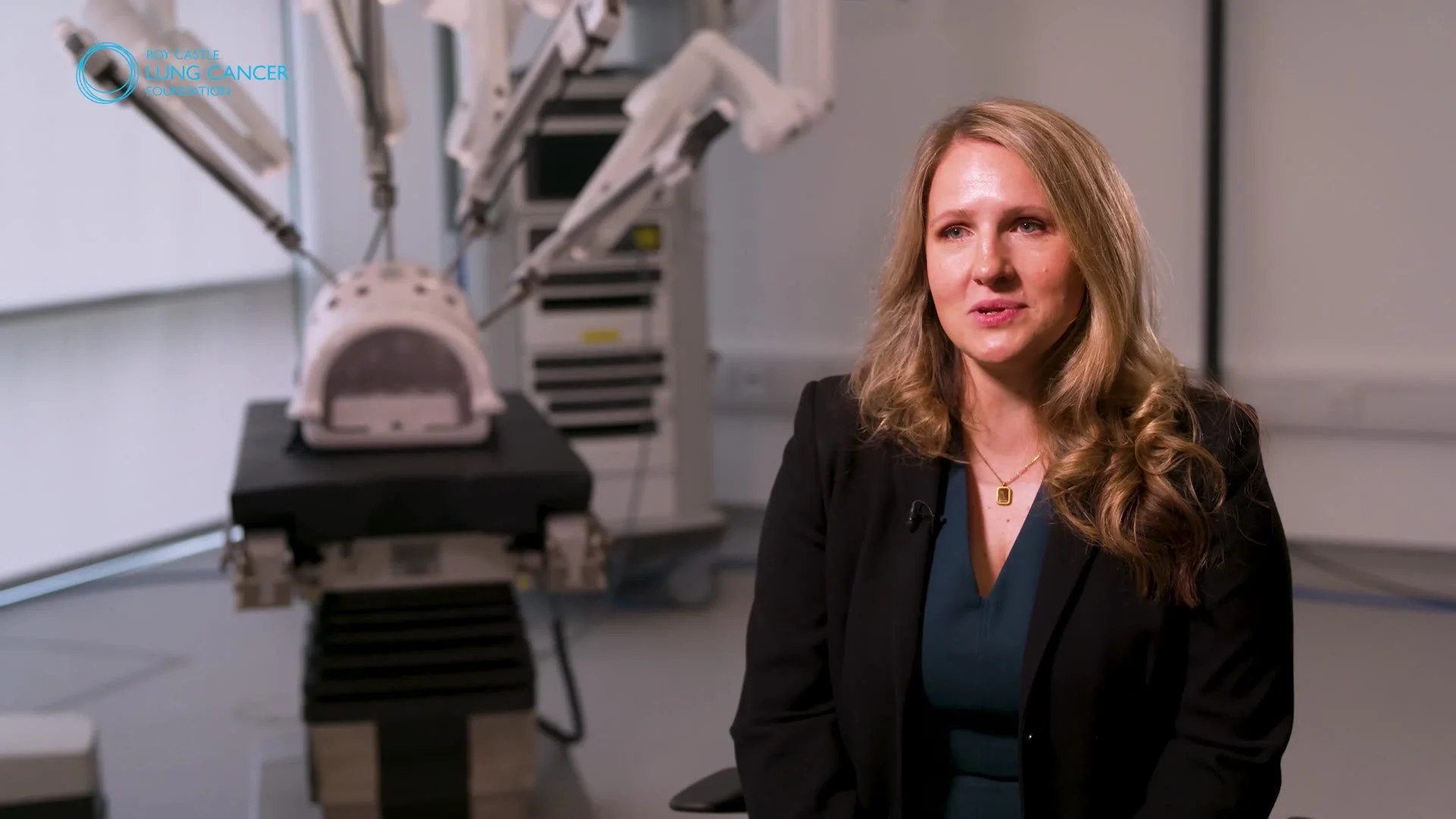 Lung surgeon Stephanie Fraser interviewed beside the robot