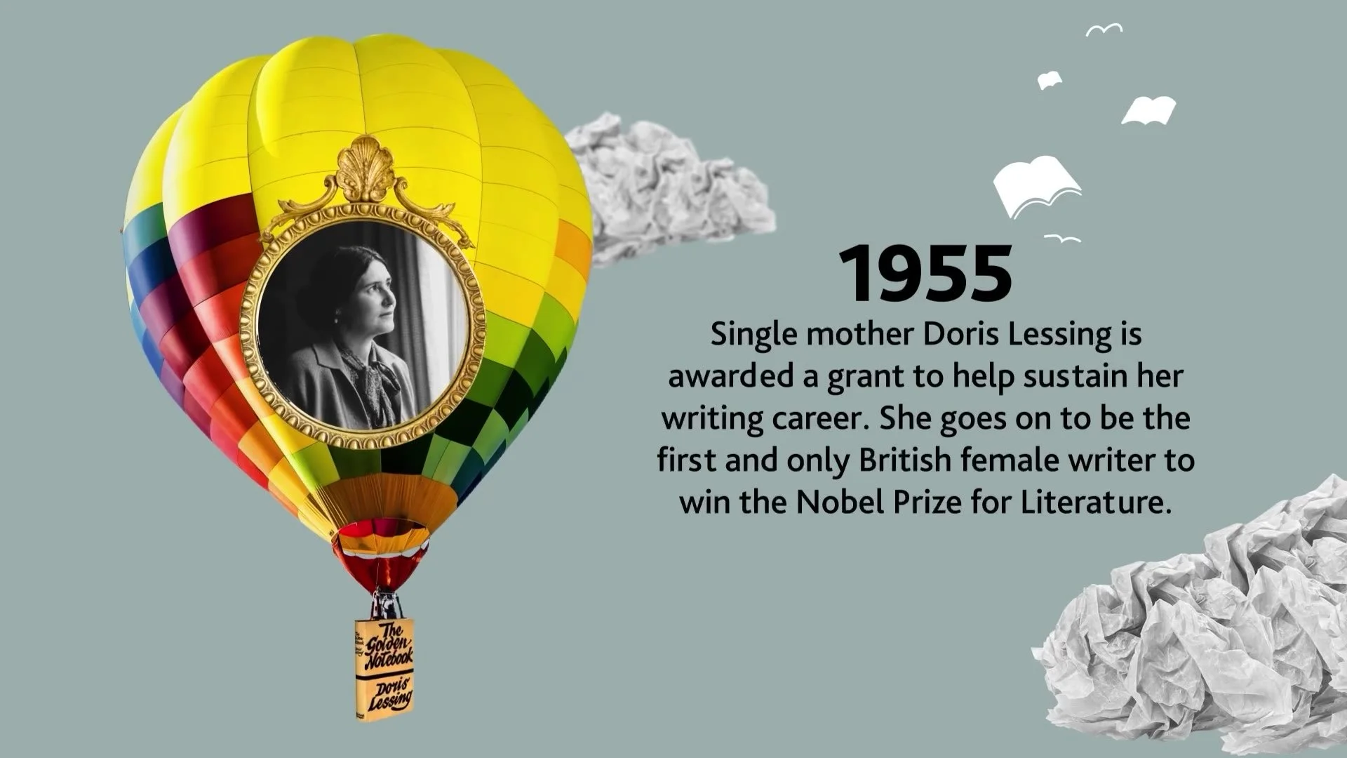 Doris Lessing portrait in a hot-air balloon