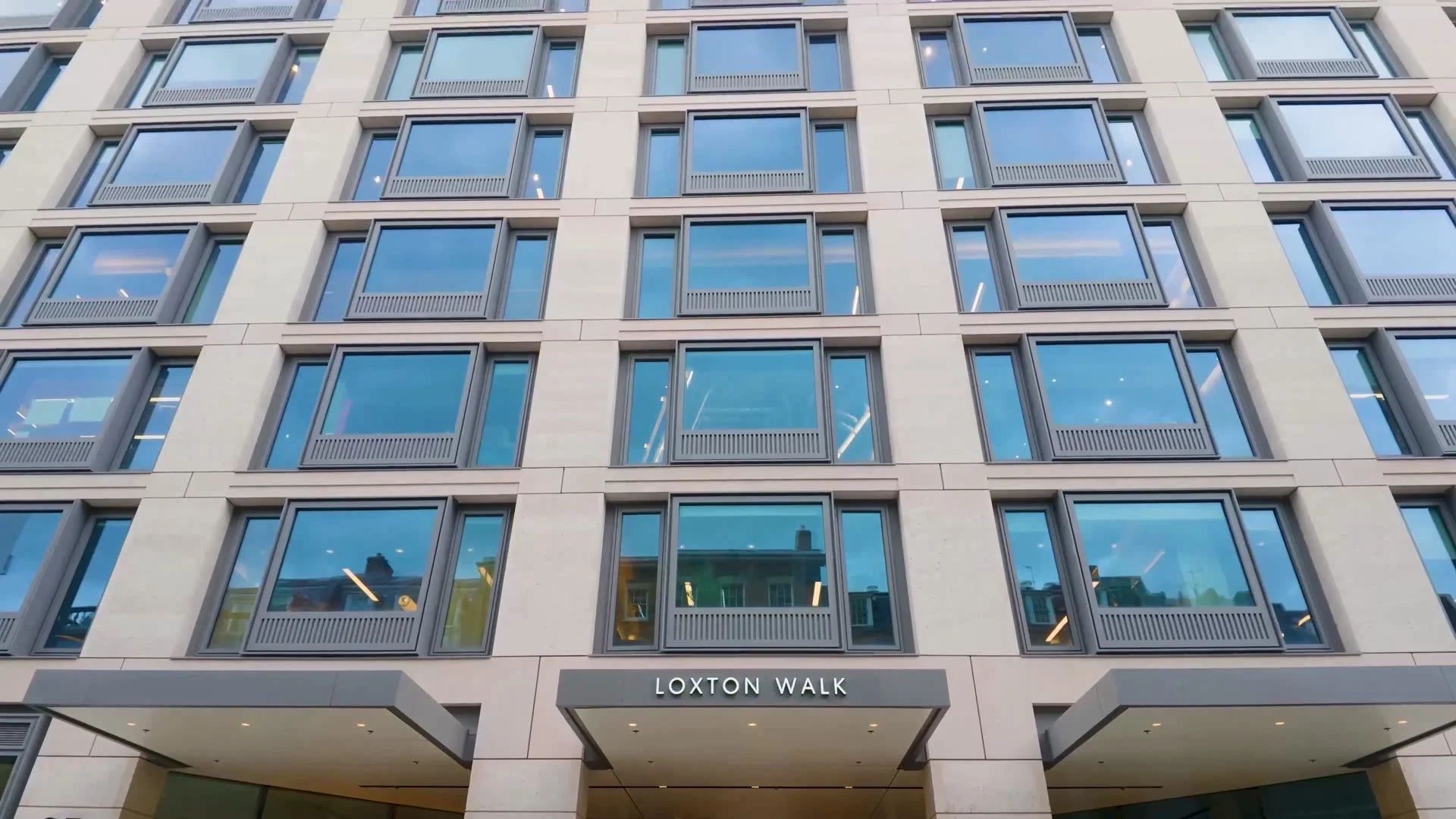 The exterior of a completed office building