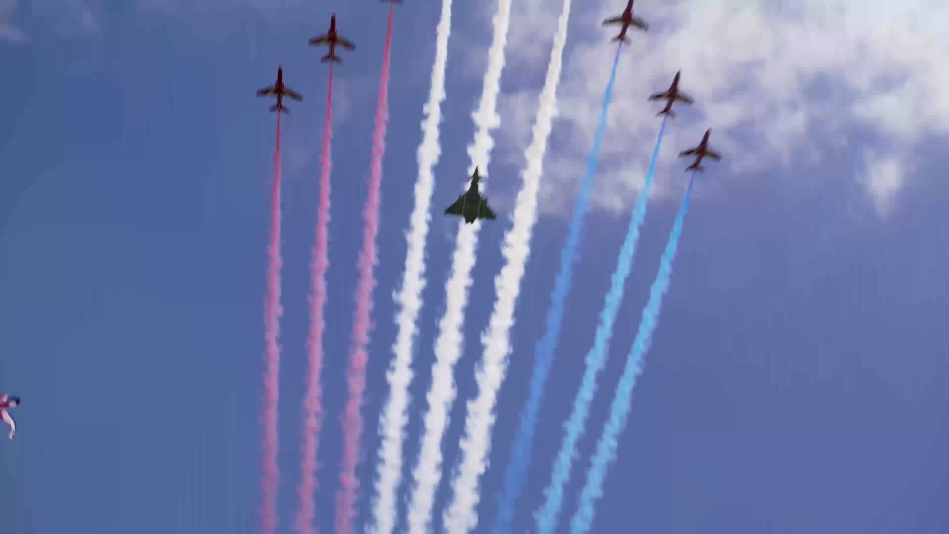 A red, white and blue flypast