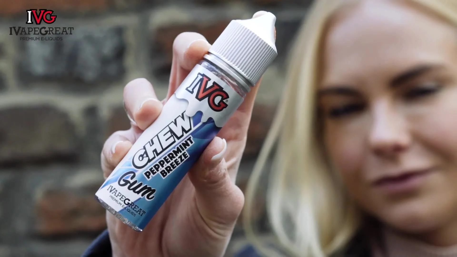A bottle from the IVG Chew range held up to camera