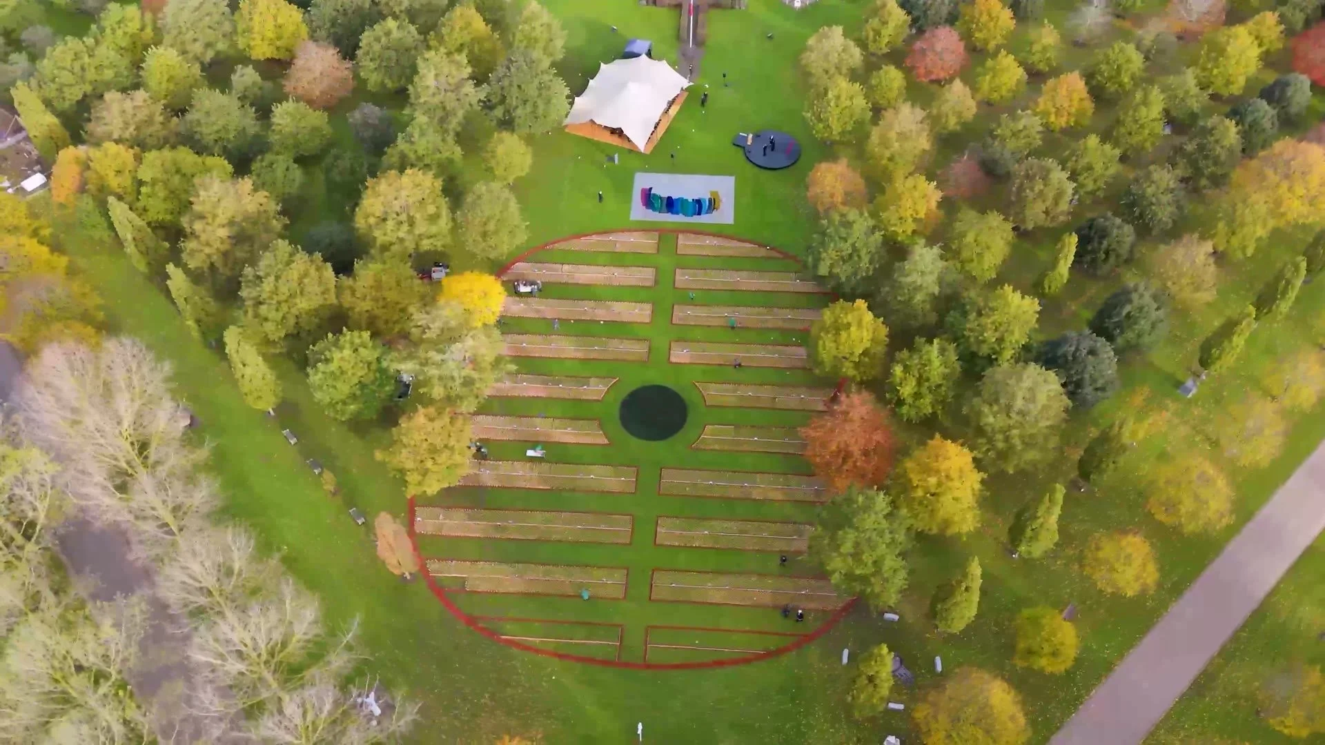 Aerial view of the Field of Remembrance among autumn trees