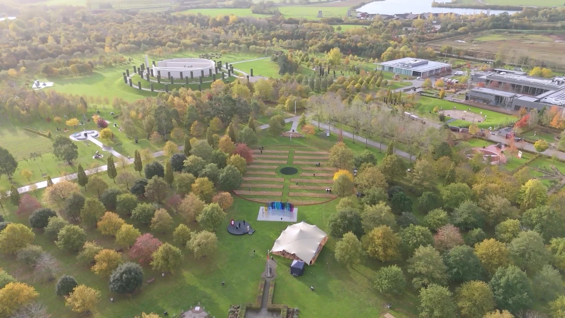 Aerial view of the Fields of Remembrance in autumn, from the Royal British Legion Poppy Appeal film