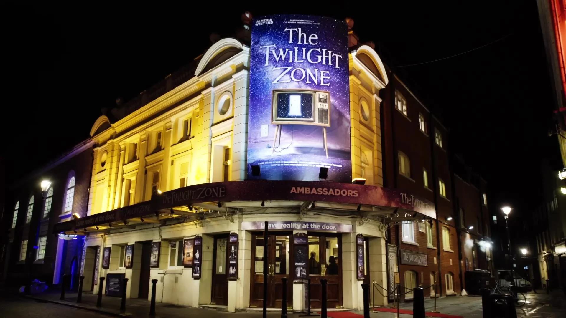The theatre lit up at night