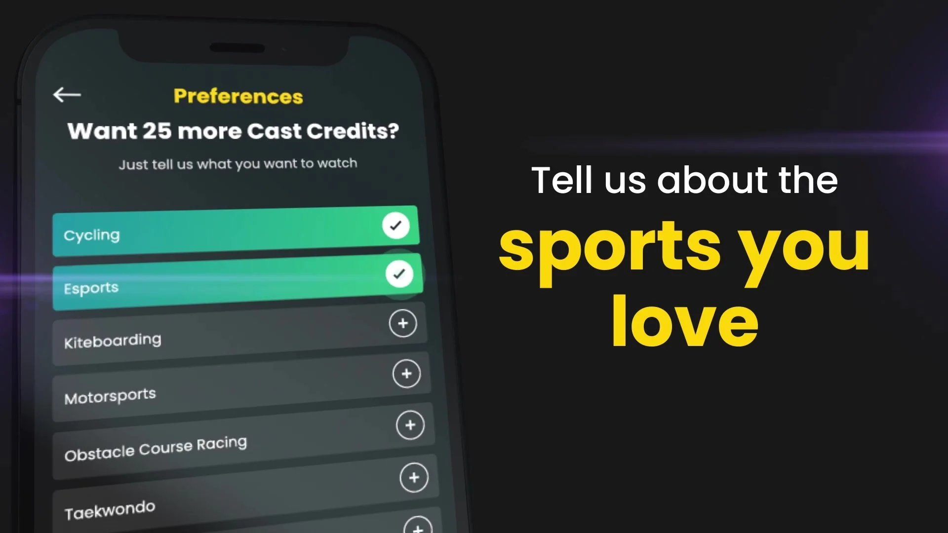 Choosing favourite sports in the Recast app