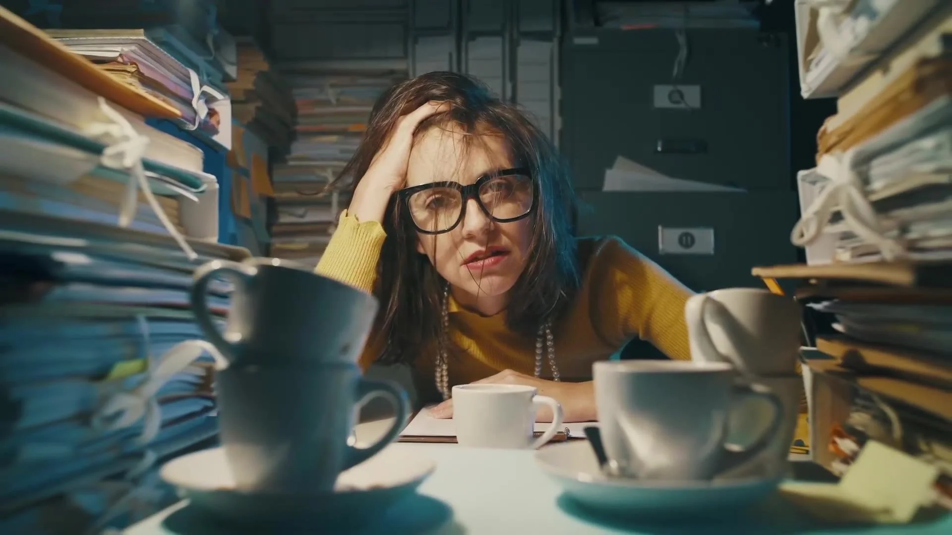 Woman overwhelmed at a desk piled with paperwork