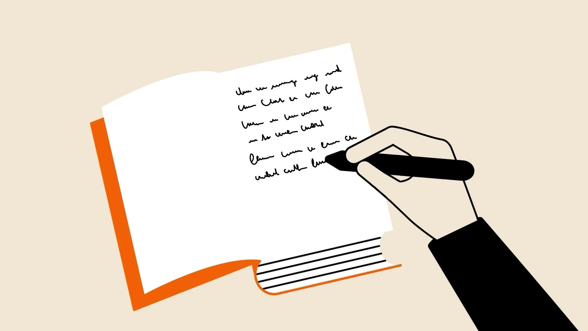 Animated hand writing a manuscript in an open notebook