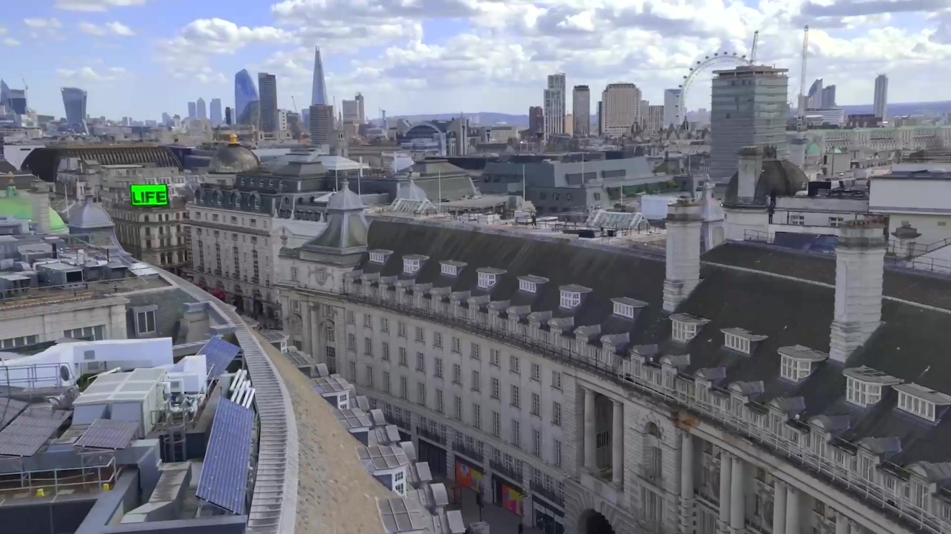 Aerial view over London rooftops