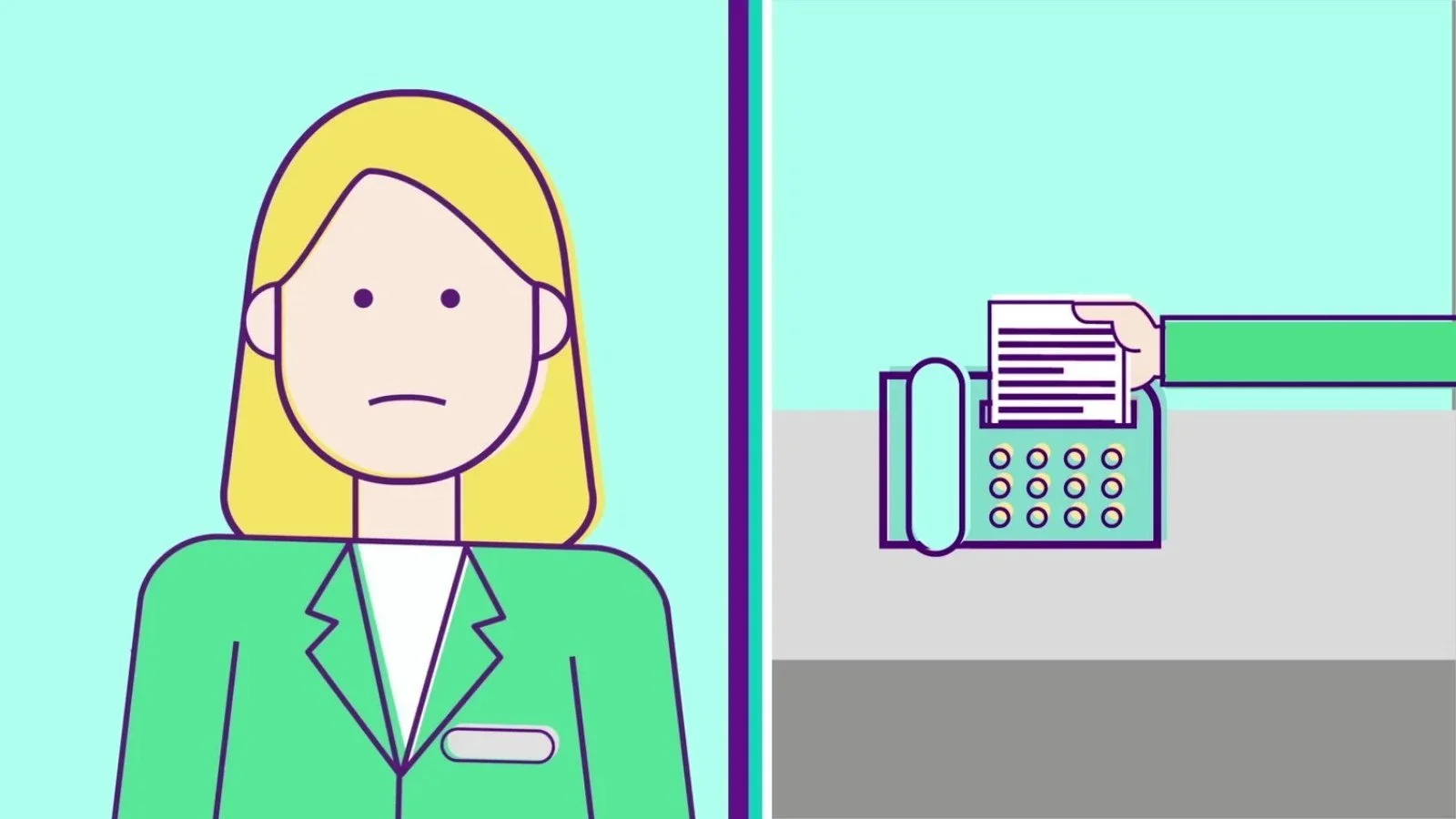 A caregiver with a fax machine, from the Parachute Health animated explainer