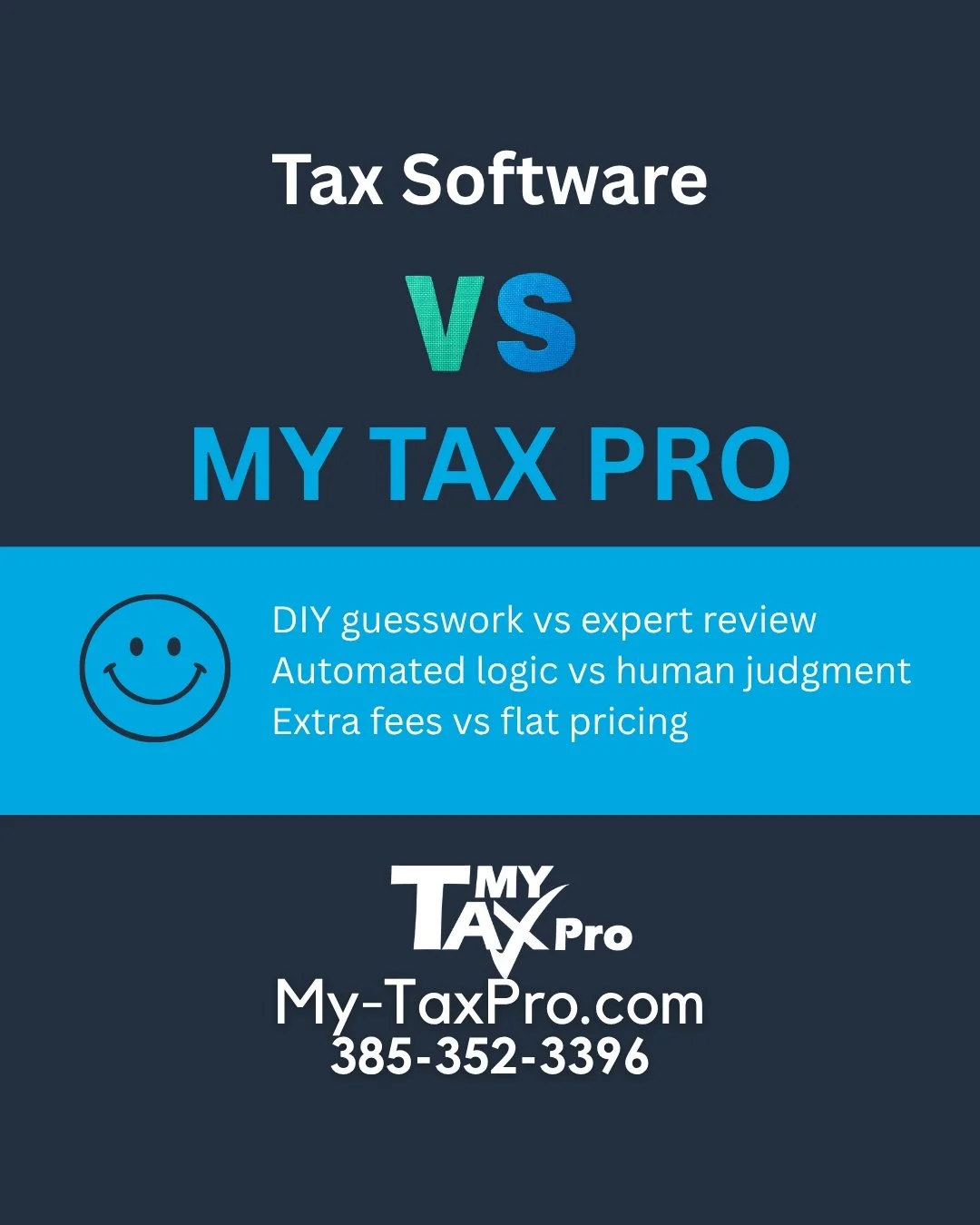 𝗧𝗮𝘅 𝗦𝗼𝗳𝘁𝘄𝗮𝗿𝗲 𝘃𝘀 𝗠𝘆 𝗧𝗮𝘅 𝗣𝗿𝗼 👇
Tax Software:
 &bull; You answer questions
 &bull; You hope it&rsquo;s right
 &bull; You fix mistakes later

𝗠𝘆 𝗧𝗮𝘅 𝗣𝗿𝗼:
 &bull; Real experts
 &bull; Clear answers
 &bull; Done right the firs