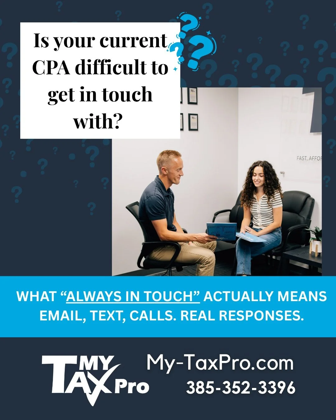 𝗜𝘀 𝘆𝗼𝘂𝗿 𝗰𝘂𝗿𝗿𝗲𝗻𝘁 𝗖𝗣𝗔 𝗵𝗮𝗿𝗱 𝘁𝗼 𝗴𝗲𝘁 𝗮 𝗵𝗼𝗹𝗱 𝗼𝗳? 👀
We believe you deserve better.
At My Tax Pro:
 ✔️ We&rsquo;re always in touch
 ✔️ Real people, real answers
 ✔️ No waiting days for a response

👉 Experience the difference