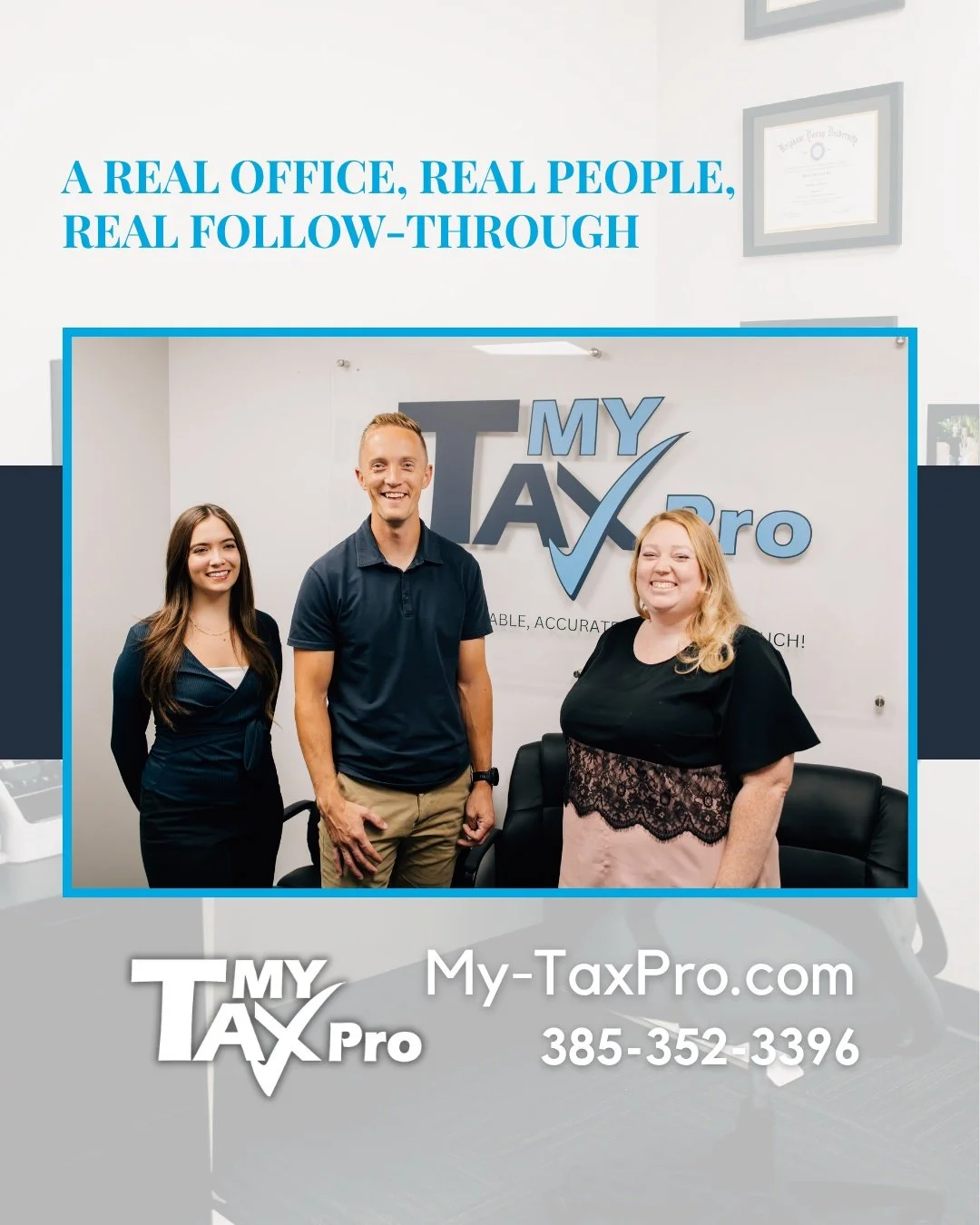 𝗥𝗲𝗮𝗹 𝗼𝗳𝗳𝗶𝗰𝗲. 𝗥𝗲𝗮𝗹 𝗽𝗲𝗼𝗽𝗹𝗲. 𝗠𝘆 𝗧𝗮𝘅 𝗣𝗿𝗼.
No call centers. No confusion.
Just real answers and real help when you need it.

👉 Experience the difference today
 𝗺𝘆-𝘁𝗮𝘅𝗽𝗿𝗼.𝗰𝗼𝗺 | 📞 𝟯𝟴𝟱-𝟯𝟱𝟮-𝟯𝟯𝟵𝟲