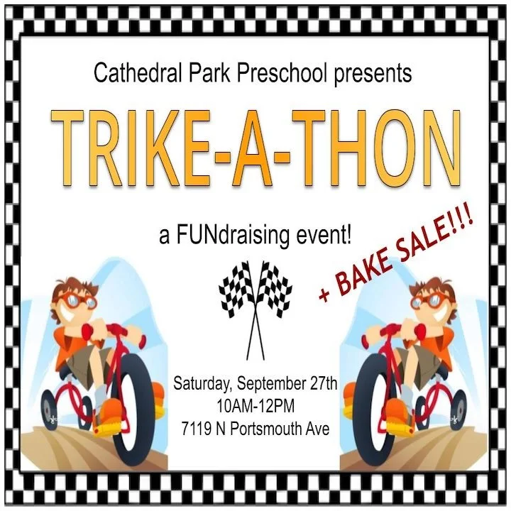 Join us on Saturday, September 27th from 10am-12pm for a trike-a-thon and bake sale fundraising event! Help support CPP by watching some adorable preschoolers bike around and get a yummy treat.

See you there!