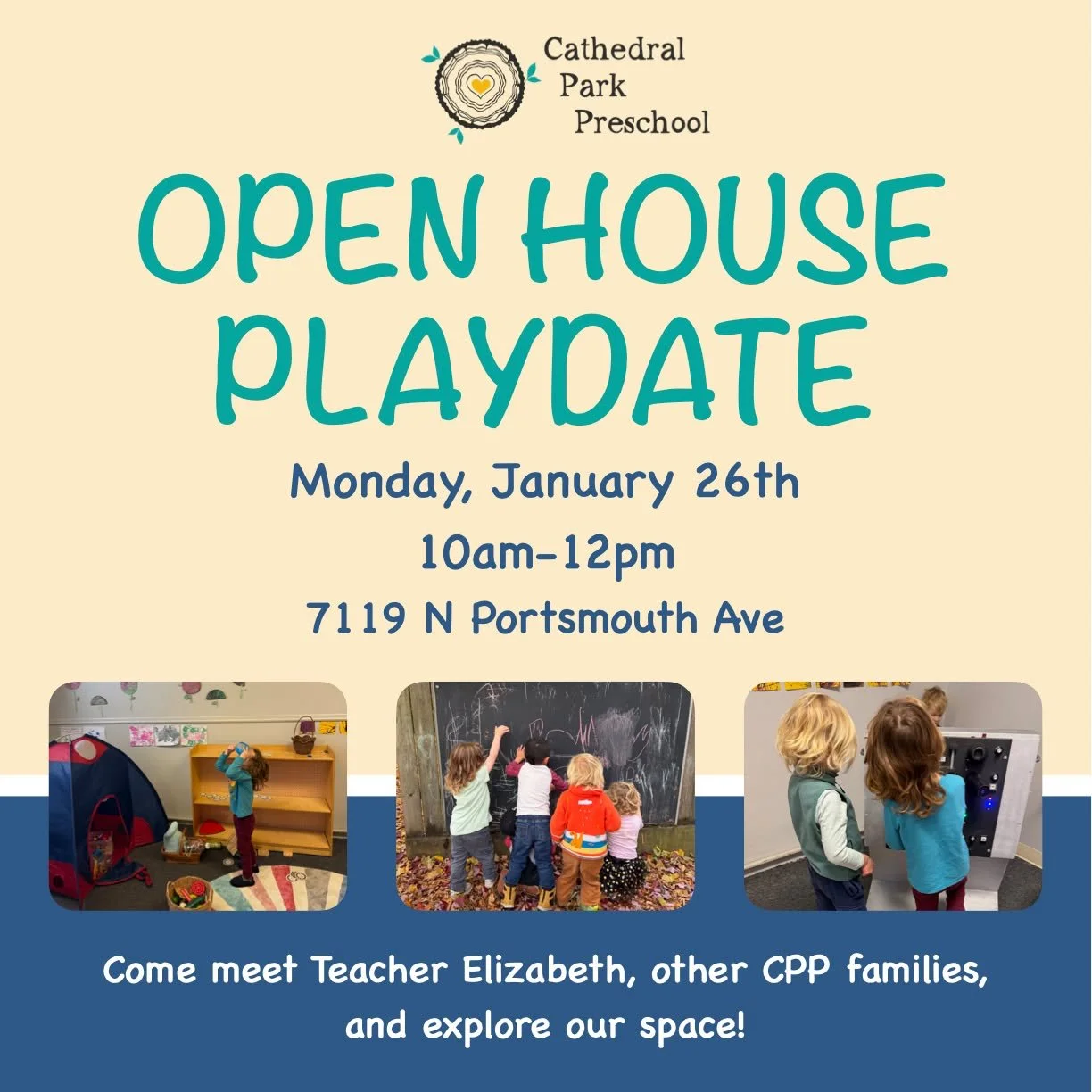 Join us on Monday, January 26th at 10am for a FREE morning of fun! Connect with other neighborhood families, explore our play space, and meet our wonderful teacher. Perfect for ages 2 and up! We still have a couple of spots open for the 2025-2026 sch