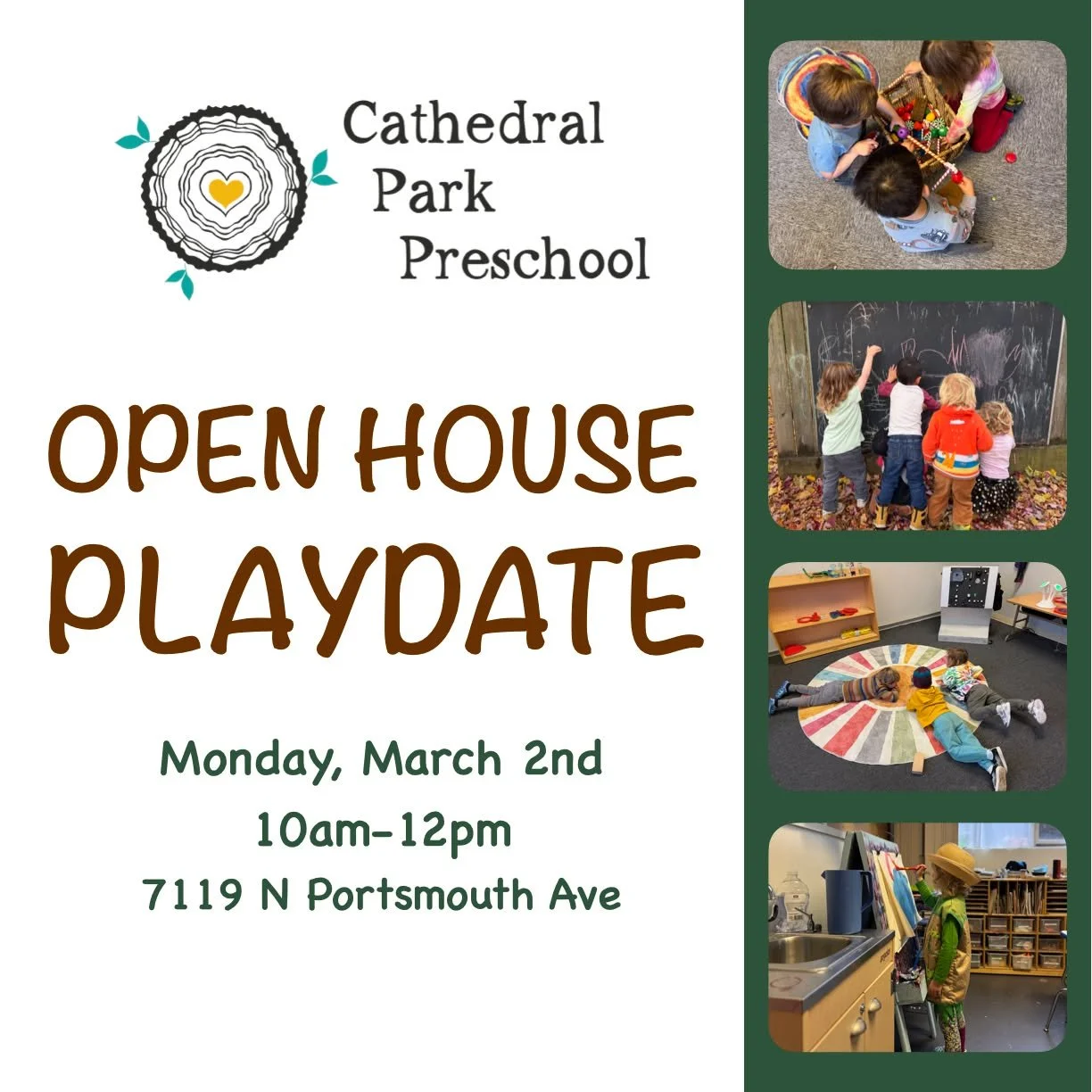 Join us on Monday, March 2nd at 10am for a FREE morning of fun! Connect with other neighborhood families, explore our play space, and meet our wonderful teacher. Perfect for ages 2 and up! We still have a couple of spots open for the 2025-2026 school