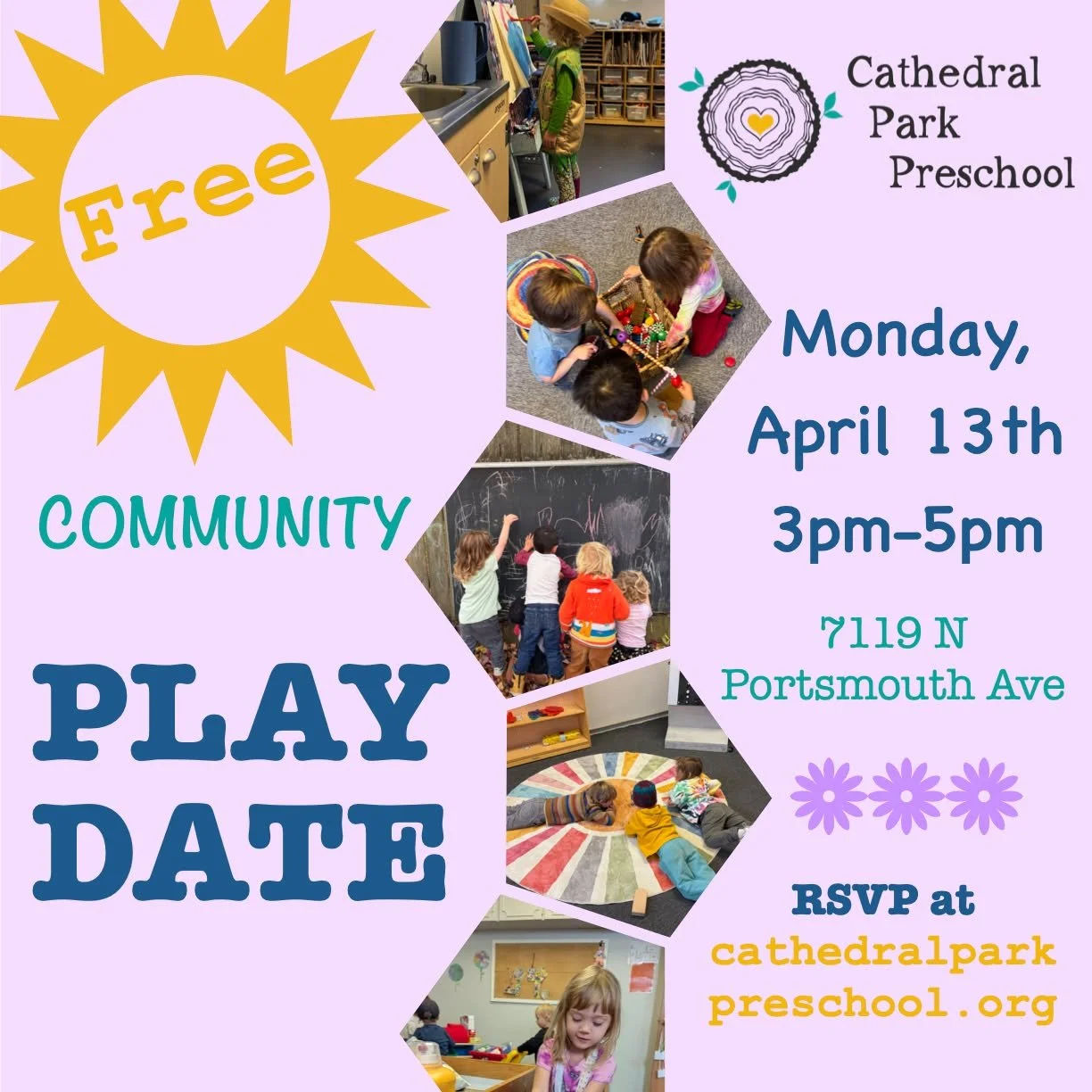 Join us on Monday, April 13th at 3pm for a FREE afternoon of fun! Connect with other neighborhood families, explore our play space, and meet our wonderful teacher. Perfect for ages 2 and up! We have spots open for the 2026-2027 school year!

#prescho