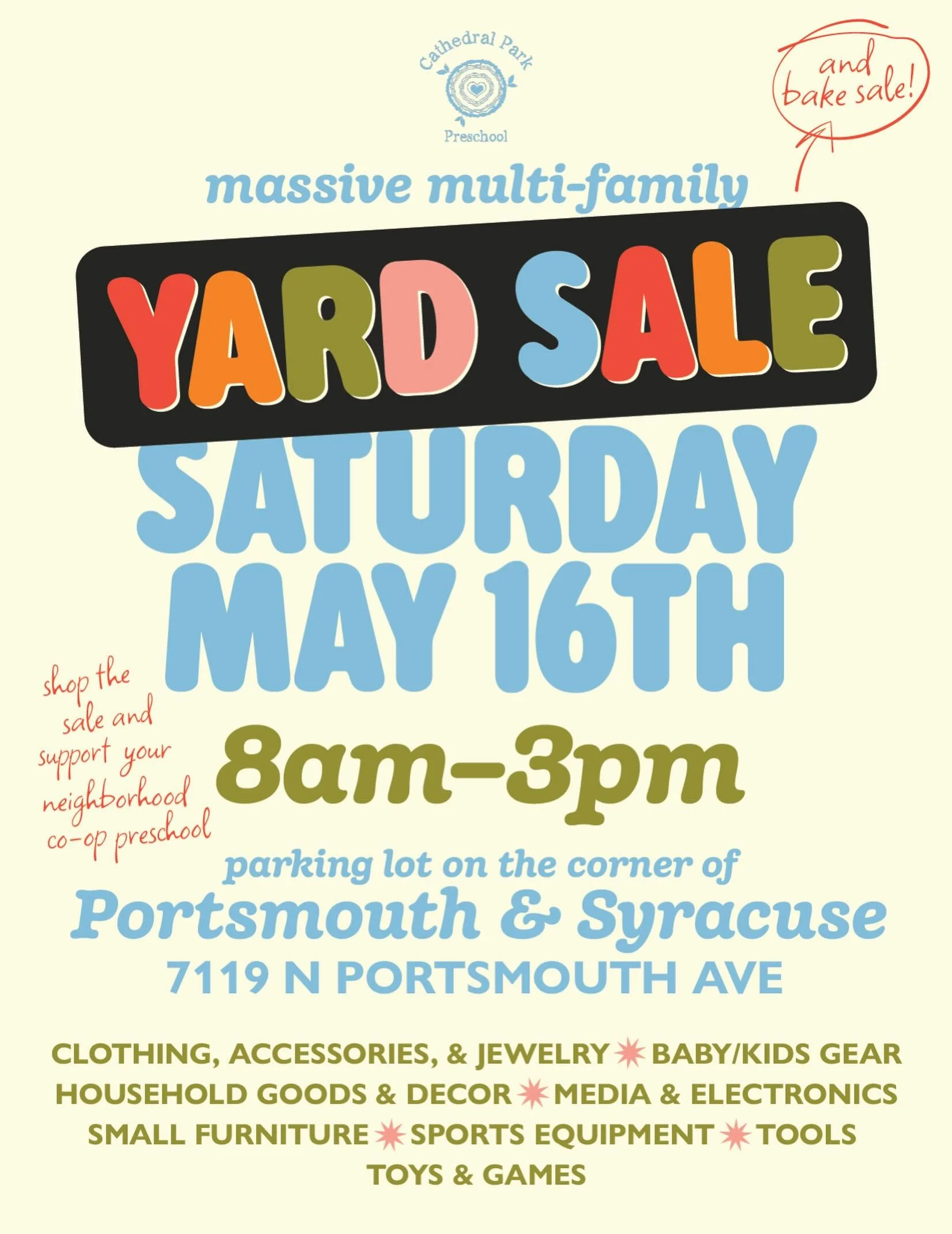 Join us for a yard sale and bake sale on Saturday, May 16th from 8am-3pm at the parking lot next to the church. We can&rsquo;t wait to see you there! 

#yardsale #bakesale #preschoolfundraiser #northportland #supportourschool