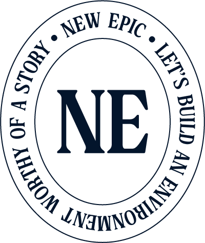 A dark blue circular logo with the initials 'NE' in the center, surrounded by the text 'LETS BUILD AN ENVIRONMENT WORKING OF A STORY - NEW EPIC' for Kaitlin Kelly, New Epic