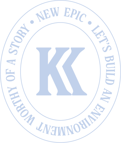 A circular logo with the text 'K' in the center and phrases 'Works of a story', 'New epic', 'Let's build an endowment', and 'A visionary' around the circle for Kaitlin Kelly - New Epic