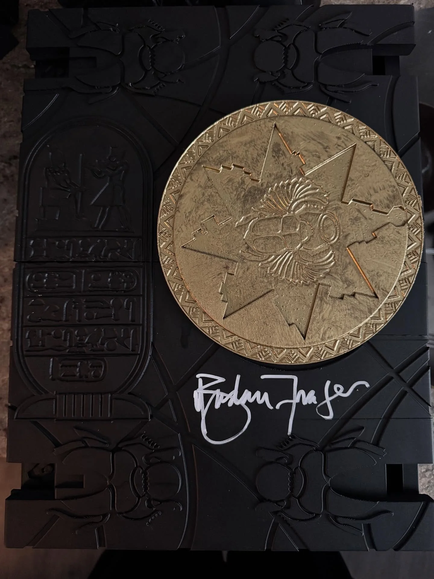 I 3-D printed the book of the dead from the mummy into a storage box. I still have some assembly to do on it and paint the hinges and claps. Brendan Fraser signed this at #nycc then leaned over and whispered &ldquo;whatever you do, don&rsquo;t read i