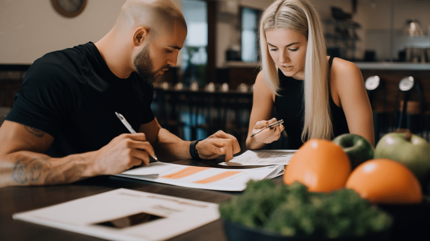 A man and a woman sitting at a table, reviewing nutrition plan