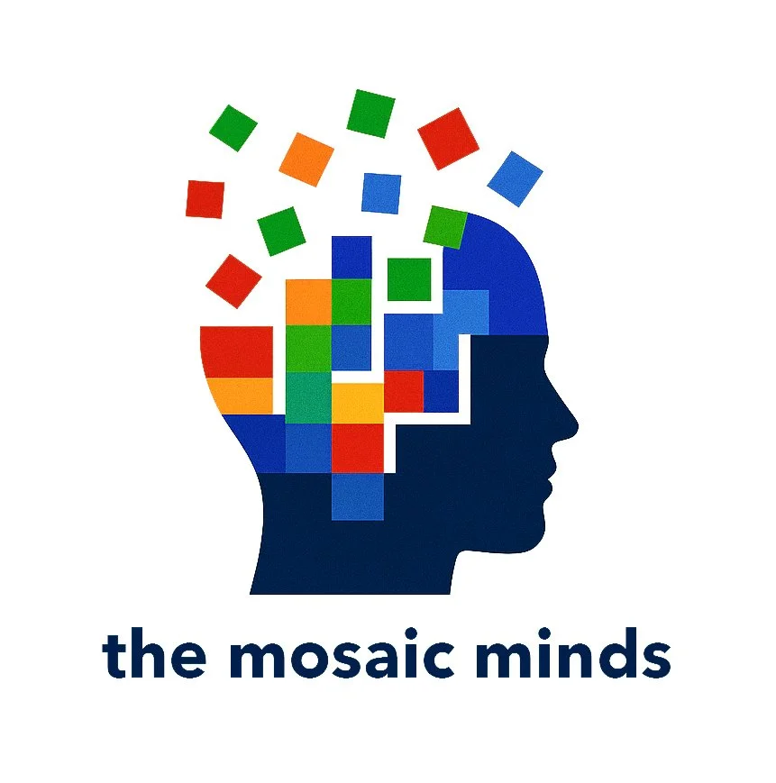 A silhouette of a human head with a mosaic of colorful squares and rectangles representing a brain. The squares are in red, blue, green, and orange. Text below reads 'the mosaic minds.'