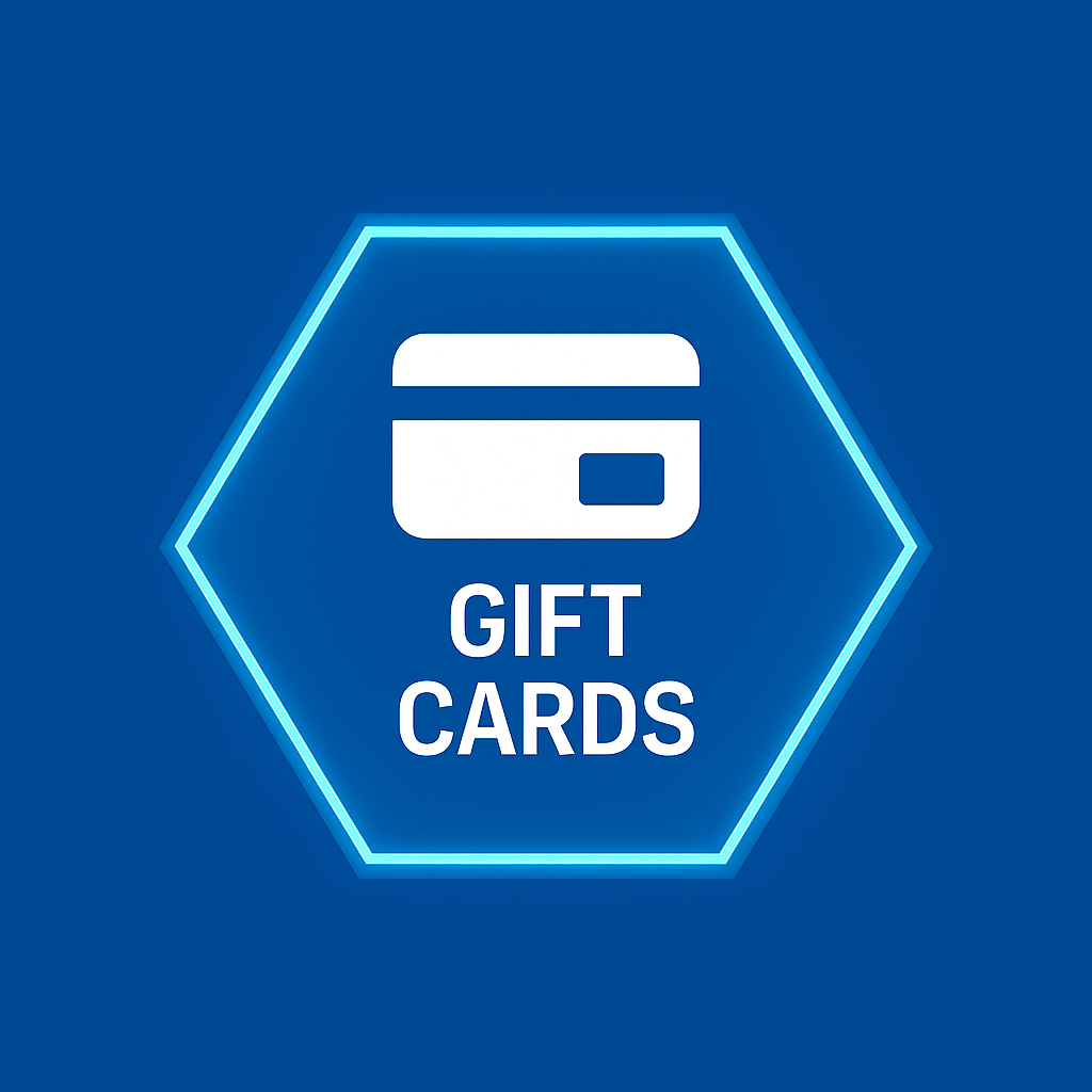 Neon sign with a hexagon outline displaying a credit card icon and the words 'Gift Cards' on a blue background.