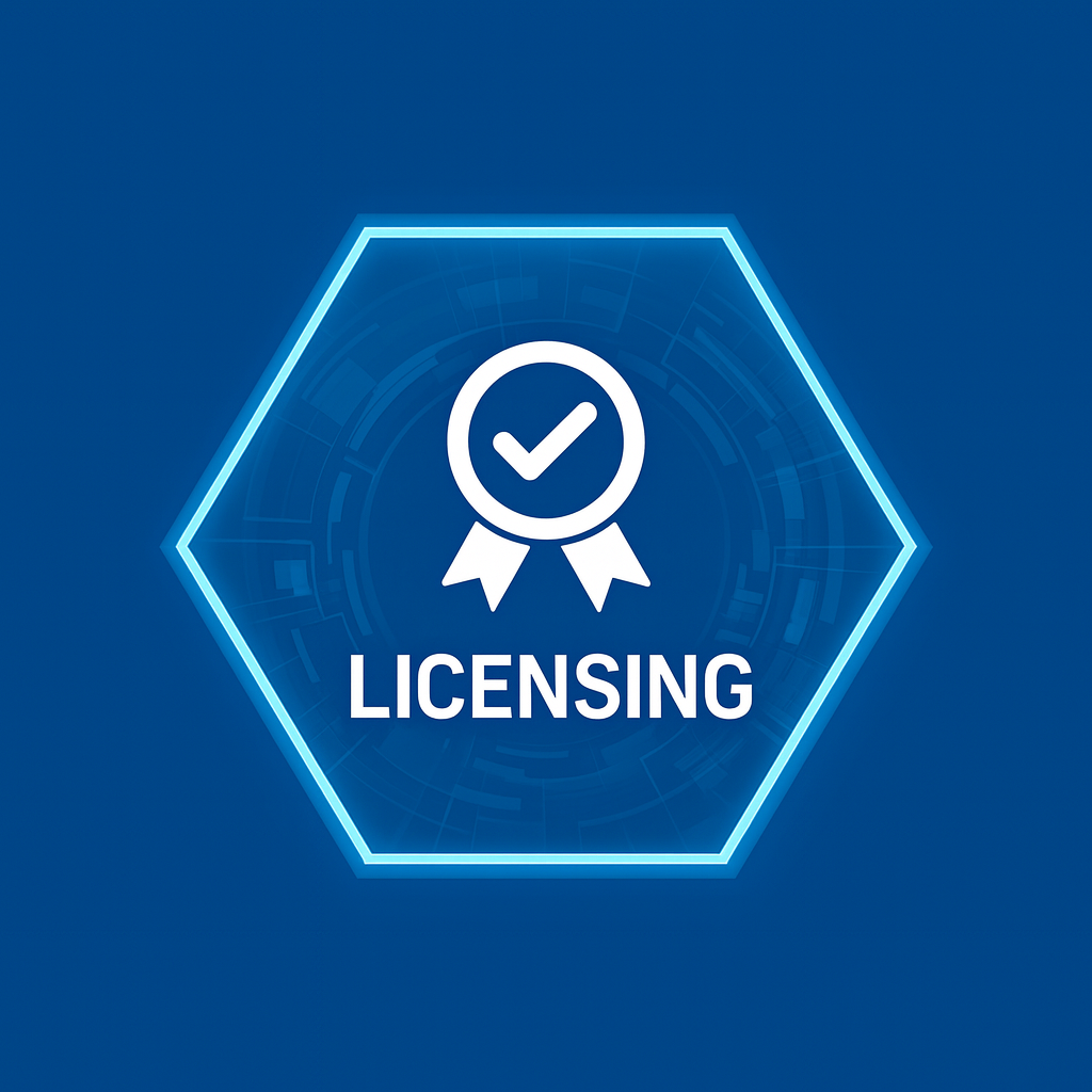 Digital graphic with a hexagon outline and a checkmark inside a ribbon symbol, with the word 'Licensing' underneath, set against a blue technological background.
