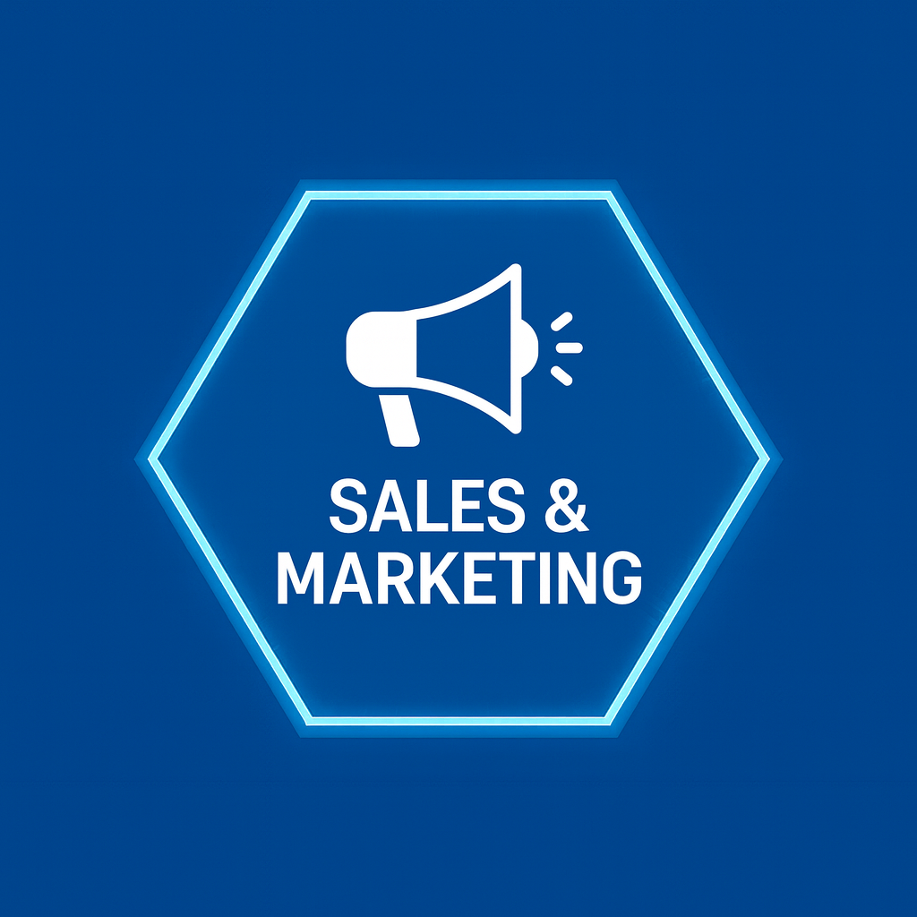 Neon sign with a white megaphone icon and the words 'Sales & Marketing' on a blue background.