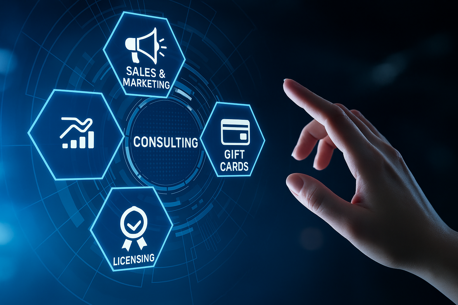 A hand reaching toward a digital interface with icons and text related to consulting services, including sales and marketing, gift cards, licensing, and analytics.